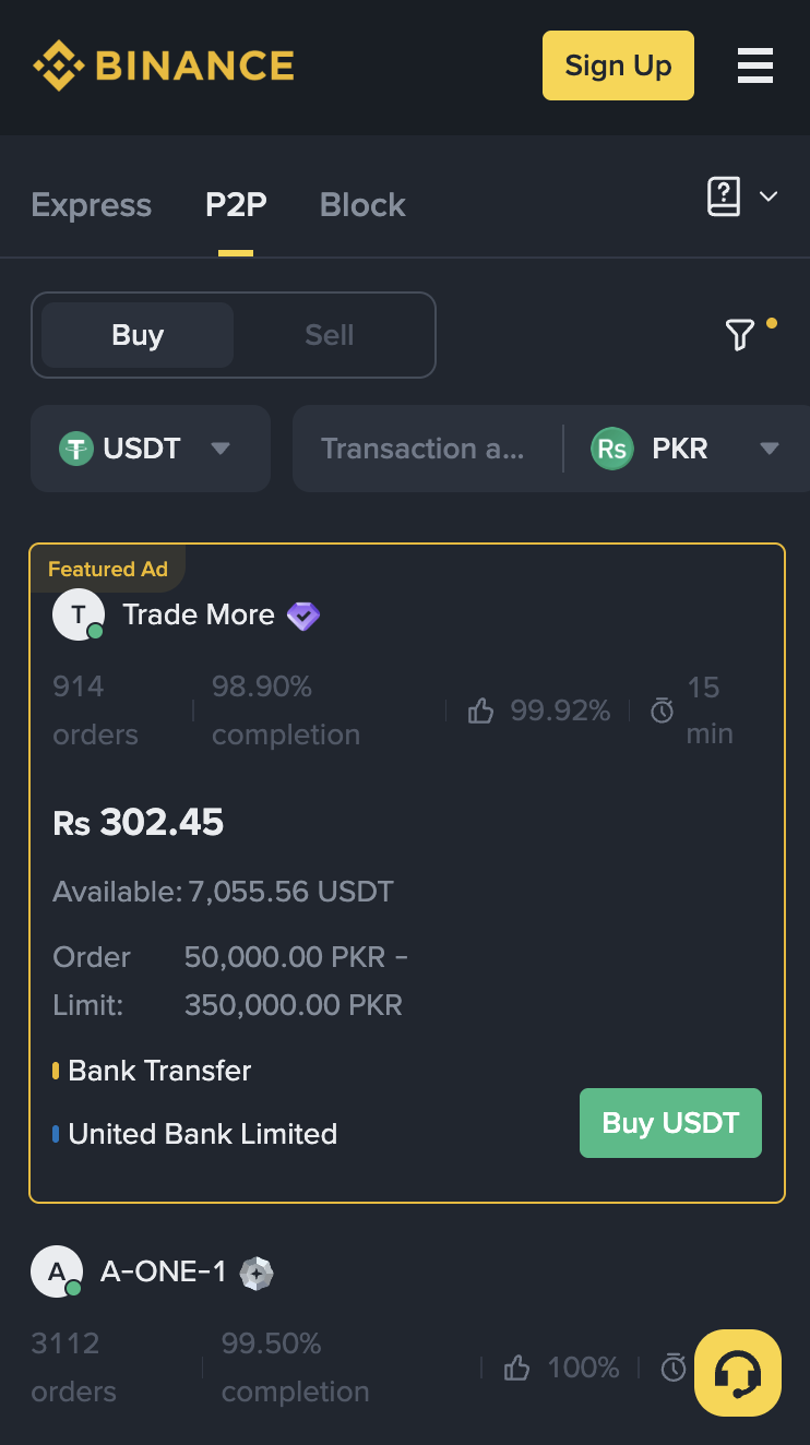 Binance P2P crypto exchange