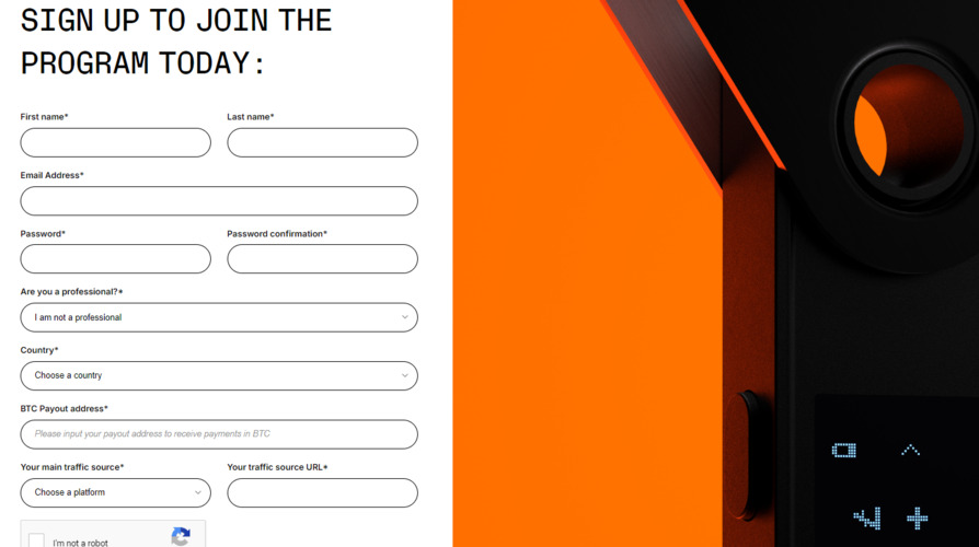 Ledger’s required information for joining the affiliate program.