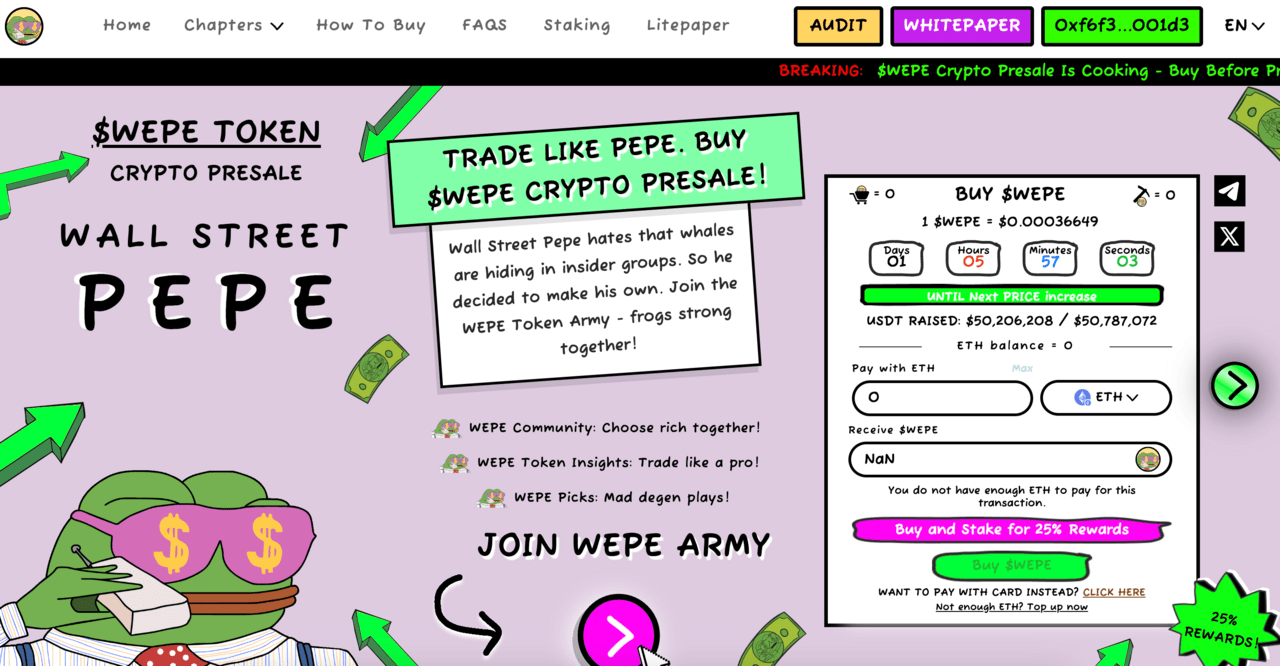 Wall Street Pepe Token Presale Homepage