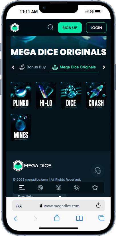 Screenshot of Mega Dice orignals page