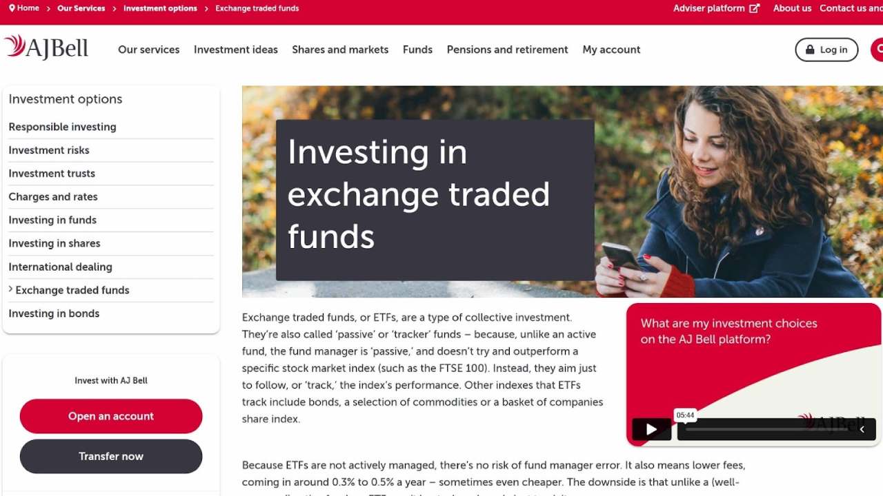Screenshot of AJBell's offer of ETFs