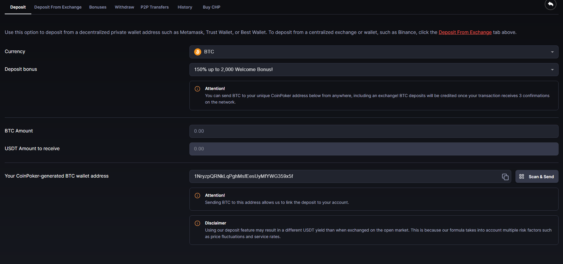 The Cashier section of CoinPoker with the BTC Deposit tab open