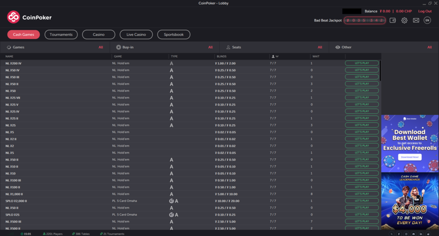 The cash games available within the CoinPoker client