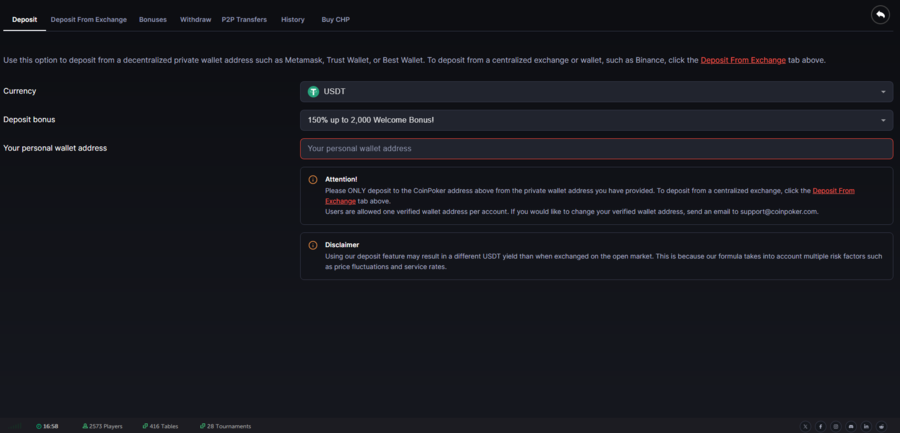 The Deposit page in the CoinPoker desktop client