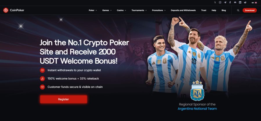 CoinPoker’s homepage, where you can register and download the poker software