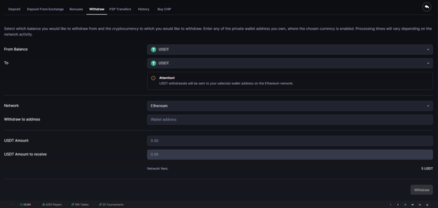 The Cashier section of CoinPoker with the Withdraw tab open