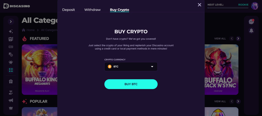 Discasino allows you to purchase crypto on-site using Changelly.