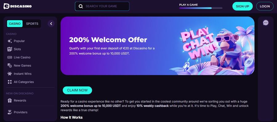 The Discasino welcome bonus can be used to wager on casino games and sports events.