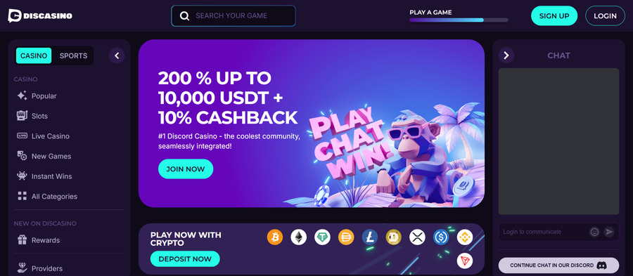 The Discasino Sign Up button is located at the top right corner of the homepage.