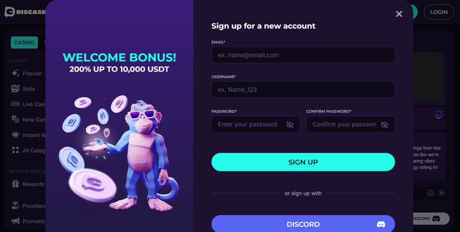 You can sign up at Discasino using your email address or Discord account.