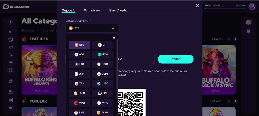 Discasino supports deposits using over 20 tokens.
