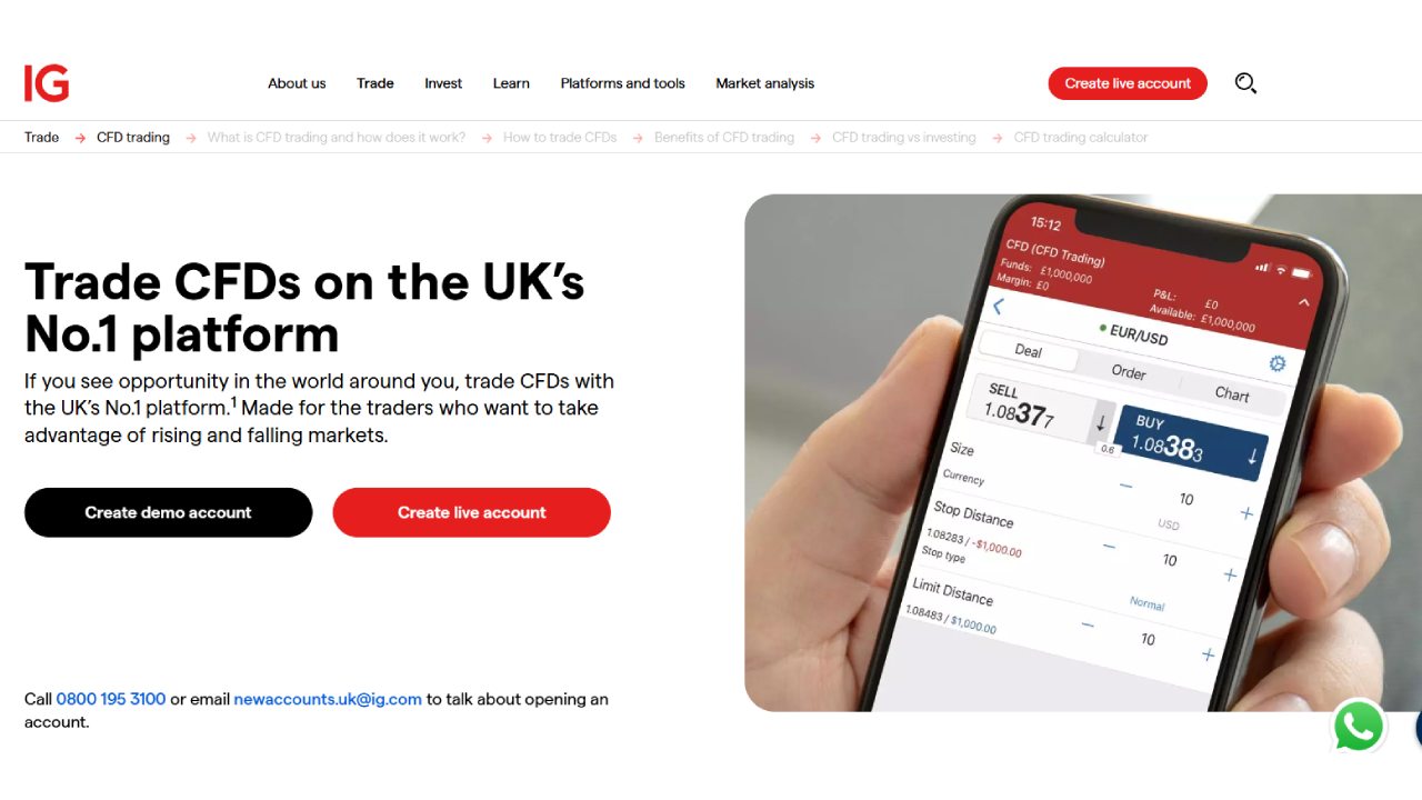 a screenshot of online broker IG's UK CFD offer