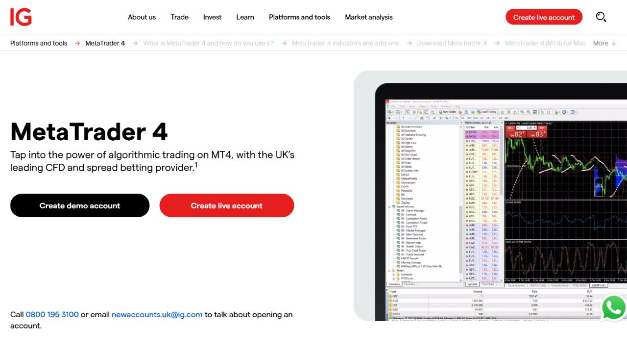 screenshot of UK MT4 broker IG's trading platform offer