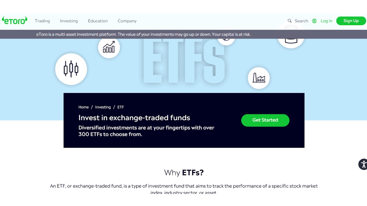 a screenshot of eToro UK ETF broker's ETF offering