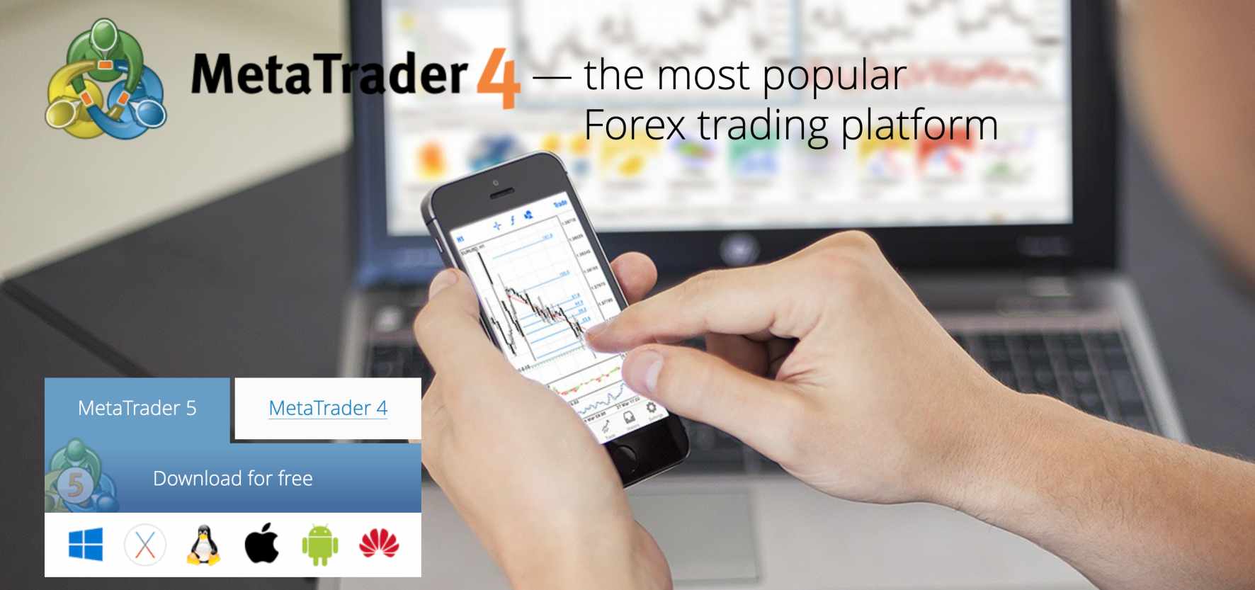 screenshot of an MT4 screen on a desktop computer and a trader's hands scrolling a mobile trading app