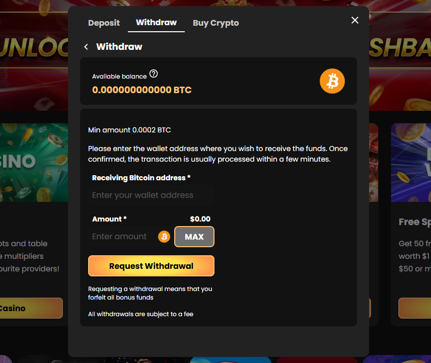 The Withdraw section of the WSM Casino Wallet with Bitcoin as the chosen payment method
