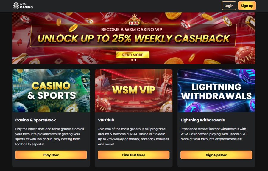 The WSM Casino homepage with the Sign-Up button visible in the upper right corner