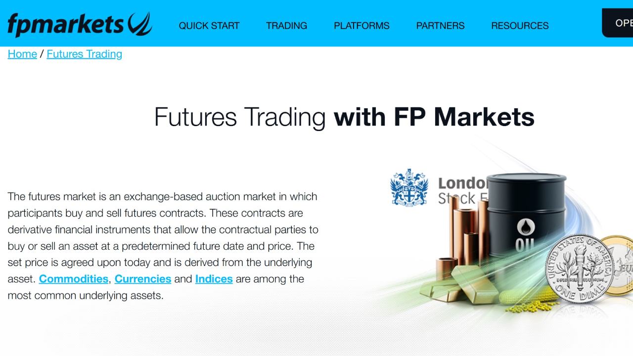 a screenshot of UK broker FP Markets' futures offer