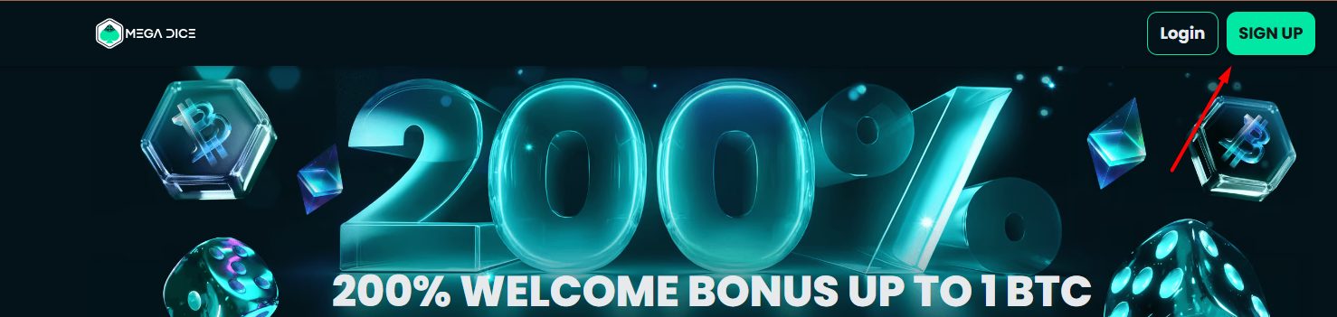 Mega Dice Casino’s Sign Up button is in the upper right corner.