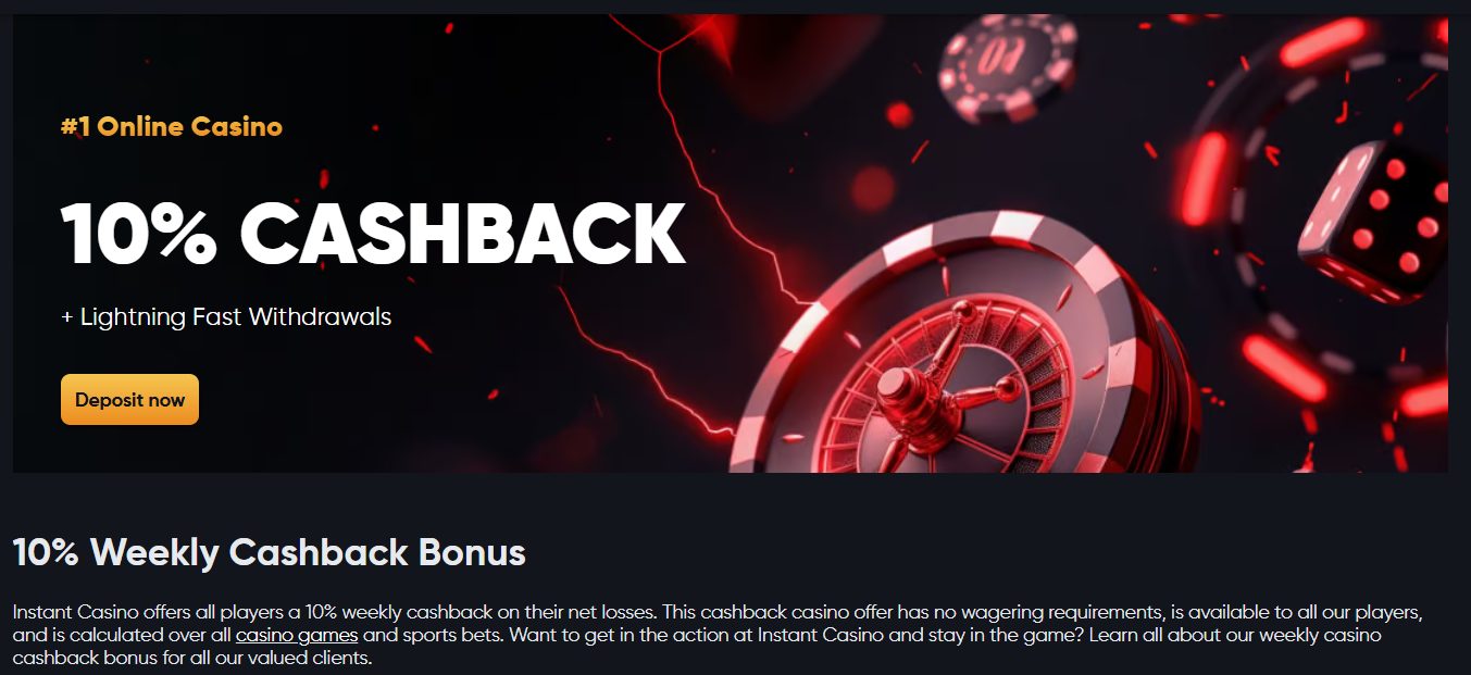 Overview of the Instant Casino 10% weekly cashback bonus.