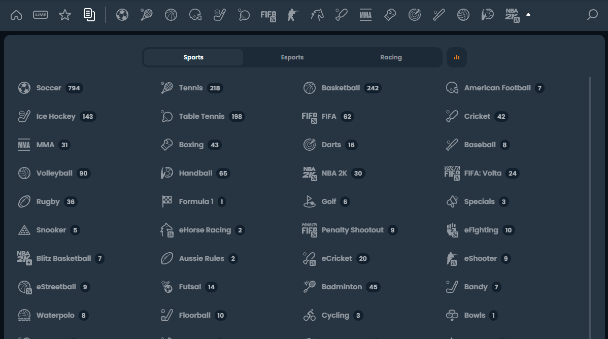 Mega Dice sportsbook provides a clear view of its sports coverage, thanks to its user-friendly interface.