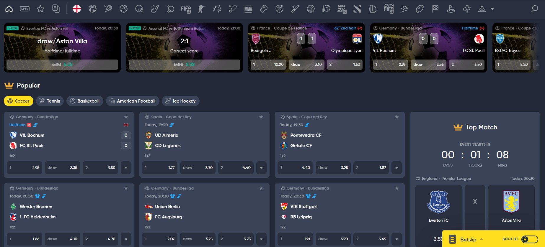 Overview of the Instant Casino sports betting section.