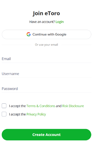 eToro UK ETF Broker sign up page