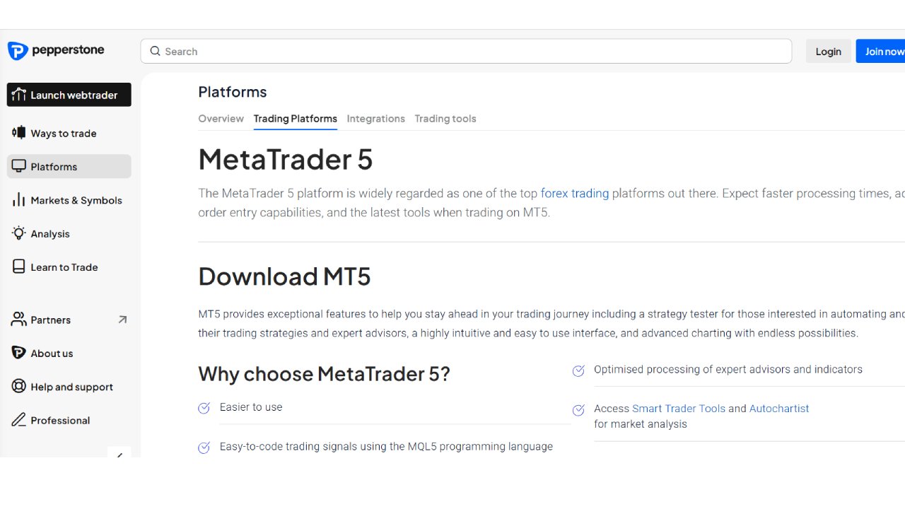 Pepperstone UK MT5 broker's platform offer