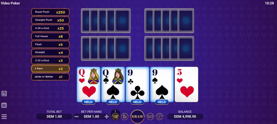 A winning video poker hand with two pairs