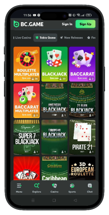 table games and blackjack available at bc.game