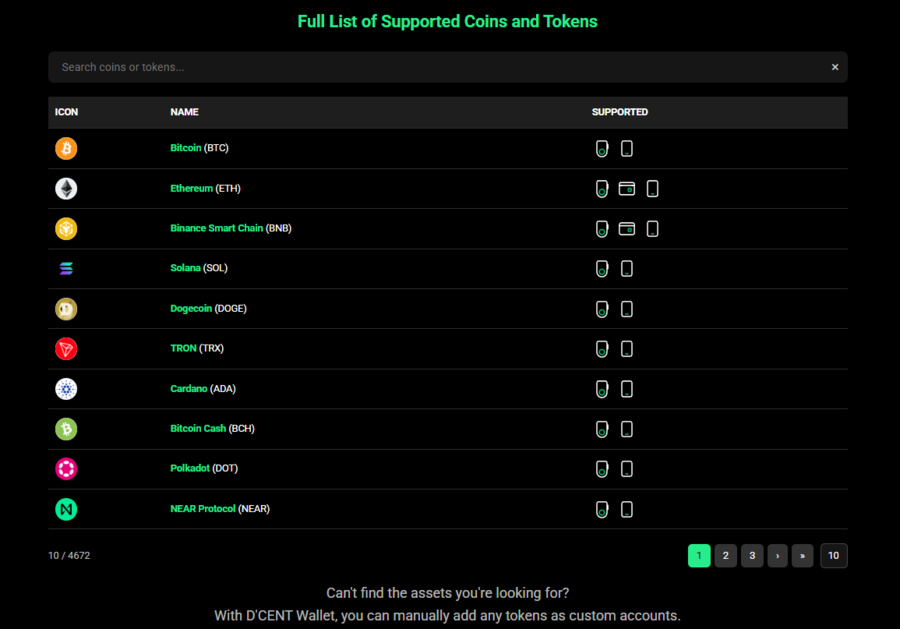 D’CENT’s dedicated page, where you can see what coins are supported by scrolling through the list and using the Search function