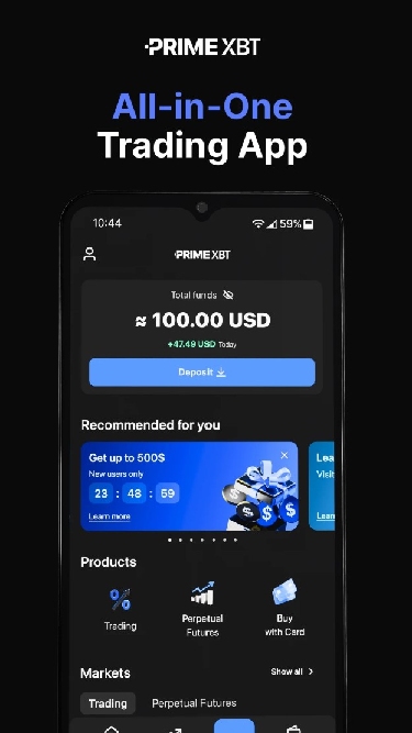 A screenshot of PrimeXBT's mobile app
