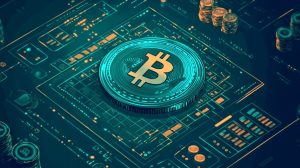 Bitcoin in the center of a high-tech design casino board