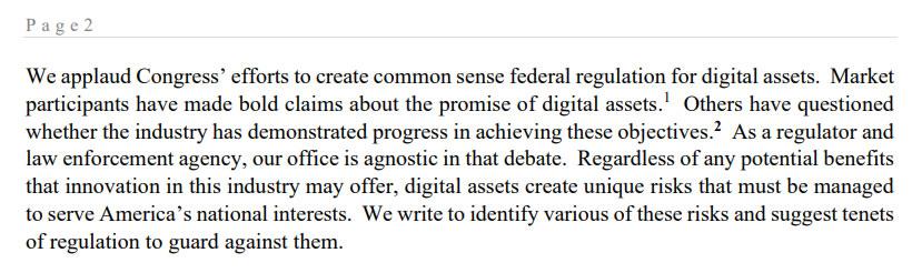 An excerpt from a letter from the New York Attorney General regarding crypto.