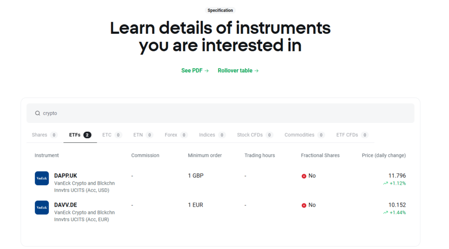 Available crypto ETFs on XTB