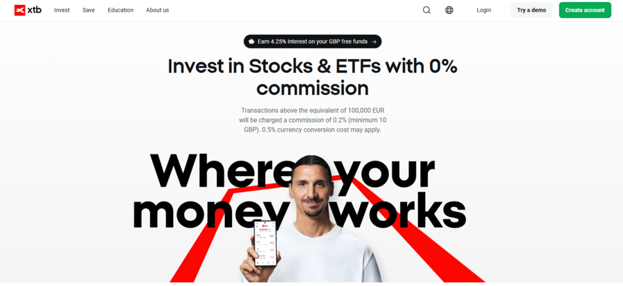 Homepage of the XTB broker platform