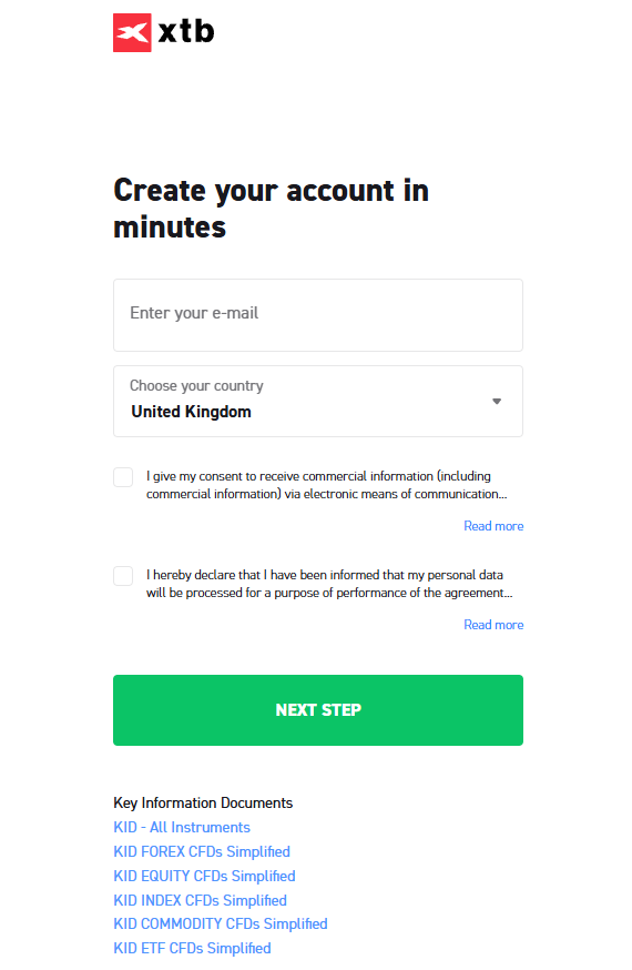 Registration form on XTB