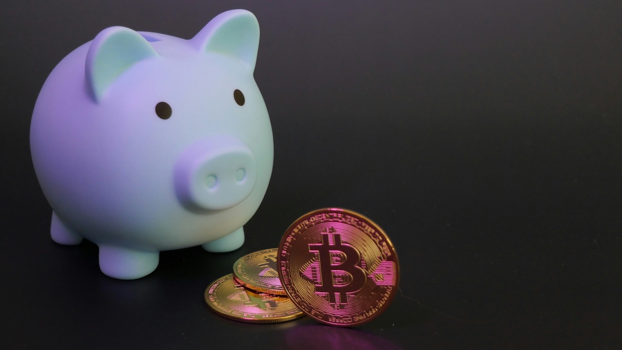An illustration of a piggy bank and several figurative Bitcoins.