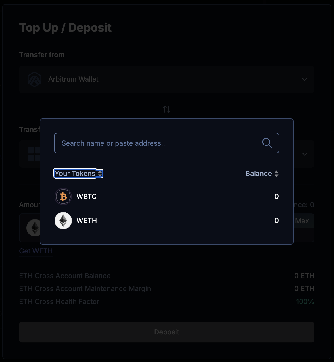 Depositing collateral tokens WETH and WBTC