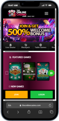 Theonlinecasino.com homepage with welcome offer screenshot